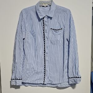 Crown & Ivy Blue Striped Shirt Navy Pom Pom Trim Game Day UNC Tarheels Sz Large